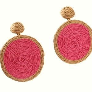 Dark Pink Tan Round Rattan Oversized Statement Earrings Wicker Large Dangle New